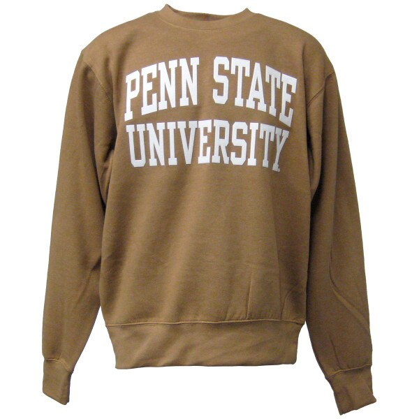 long sleeve brown crew neck sweatshirt with stitched felt Penn State University